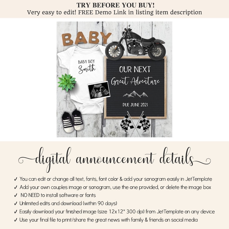 May include: A digital announcement for a baby's arrival. The announcement features a white onesie with the text "Baby Boy Smith", a black and white motorcycle, a chalkboard with the text "Our Next Great Adventure Due June 2021", and a pair of black and white baby shoes.