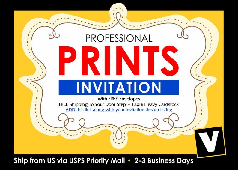 Professionally Printed Invitations + FREE Shipping + FREE Envelopes, Invitation Printing Front & Back Ship via USPS Priority Mail 2-3 B Days