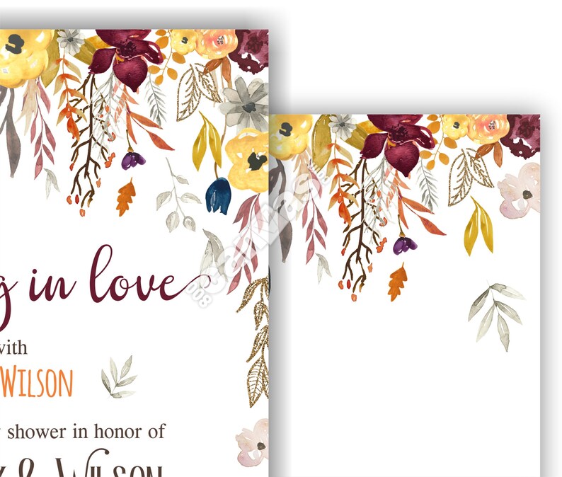 May include: A white invitation card featuring a watercolor floral border at the top with yellow, burgundy, and orange flowers and leaves. The text reads "ing in love", "with", "WILSON", "shower in honor of", and "& Wilson" in a mix of script and serif fonts.