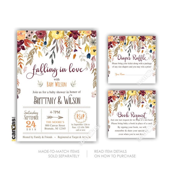 Falling In Love With Baby Shower Invitation, Fall Shower Invites, Fall In Love, Gender Neutral, Autumn, Couples, Burgundy Yellow, Floral 471
