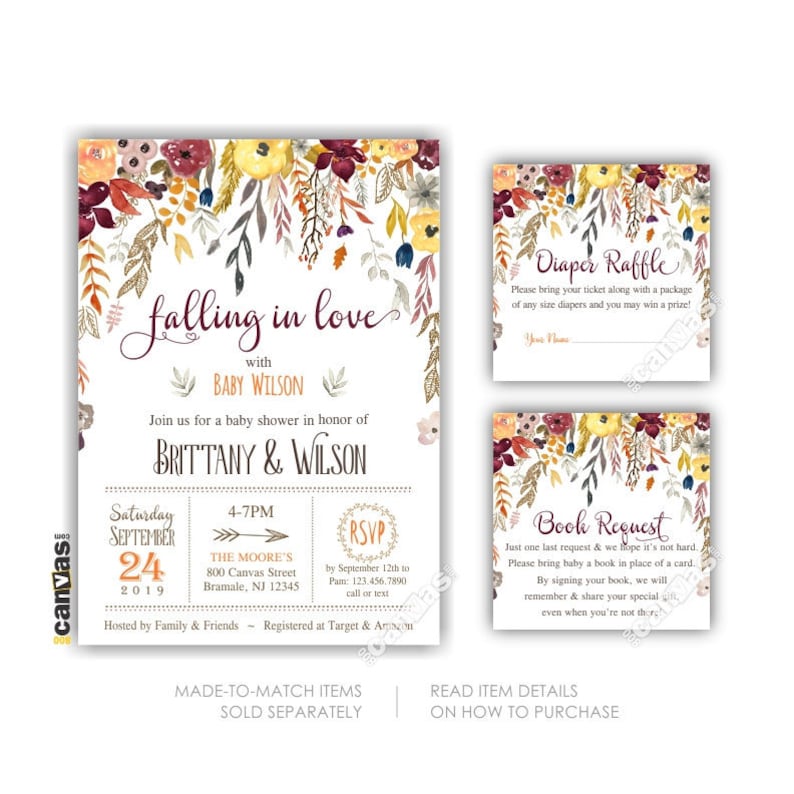 Falling In Love With Baby Shower Invitation, Fall Shower Invites, Fall In Love, Gender Neutral, Autumn, Couples, Burgundy Yellow, Floral