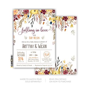 May include: A rectangular baby shower invitation card featuring watercolor floral illustrations in shades of burgundy, yellow, and orange. The text reads Falling in love with Baby Wilson, honoring Brittany and Wilson on Saturday, September 24, 2019.