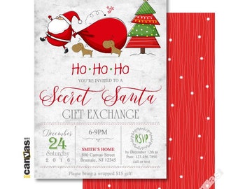 May include: A Secret Santa invitation with a festive design. The front features Santa Claus, a Christmas tree, and the text "Ho Ho Ho" and "Secret Santa Gift Exchange." The back has a red pattern with white stars.