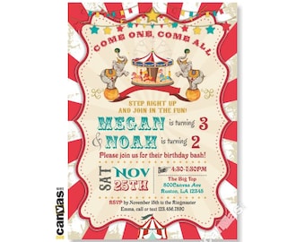 Carousel Birthday Invitations, First Birthday, Twin Double Triplet, Carnival Circus Elephant, Girl Boys kids, Red, Teal, Merry Go Round 122