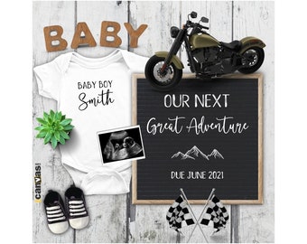 Editable Motorcycle Baby Announcement, Next Adventure Digital Pregnancy, Racing Biker Boy Gender Reveal Social Media, Facebook Instagram 114