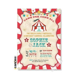Double Carnival Birthday Invitation, Carnival Invites, Carnival Theme, First 1st 2nd 3rd 4th Twins, Triplets, Joint Party Vintage Circus 494