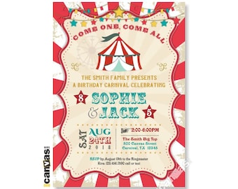 Double Carnival Birthday Invitation, Carnival Invites, Carnival Theme, First 1st 2nd 3rd 4th Twins, Triplets, Joint Party Vintage Circus 494