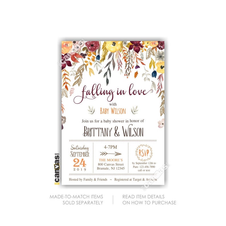 May include: A rectangular baby shower invitation card featuring a watercolor floral border in shades of yellow, burgundy, and orange. The text reads falling in love with BABY WILSON, honoring BRITTANY & WILSON on Saturday, September 24, 2019.