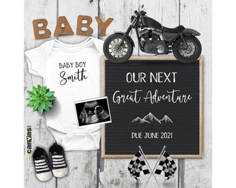 Editable Next Great Adventure Digital Pregnancy Announcement, Biker Baby Boy Gender Reveal, Motorcycle Social Media, Facebook Instagram 57