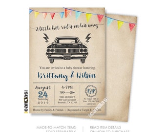 Little Hot Rod Vintage Baby Shower Invite, Classic Car Invitations, Muscle Car Shower Invites, Baby Boy Shower, Hot Rod Classic Car 377G