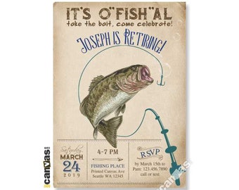 Retirement Invitation, Gone Fishing Party Take the Bait Rustic Vintage Shabby Chic Surprise Big Mouth Bass Fishing Theme Adult Men Invite 1A