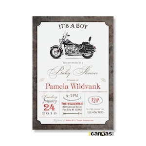 Motorcycle Baby Shower Invitation, Baby Boy Shower, Biker Baby Shower, Harley Bike, Motorbike Invitation, Printed Invitations, 800canvas