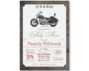 May include: A baby shower invitation with a rustic wood background. The invitation features a black motorcycle with the text "It's a Boy" and "Baby Shower" in a cursive font. The invitation also includes the date, time, location, and RSVP information.
