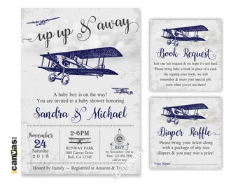 Airplane Baby Shower Invitation, Boy Baby Shower, Up Up and Away, Vintage Airplane Theme Invites, Navy Plane, Rustic Aviation Travel 365A