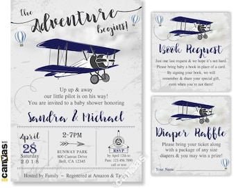 Airplane Baby Shower Invitation Boy Vintage Plane Transportation Navy, The Adventure Begins, Travel Theme Invites, Printable or Printed 365