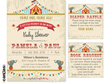 Circus Baby Shower Invitation, Circus Elephant Little Peanut Vintage Carnival Theme Party Invite, Gender Neutral, Printable or Printed 207