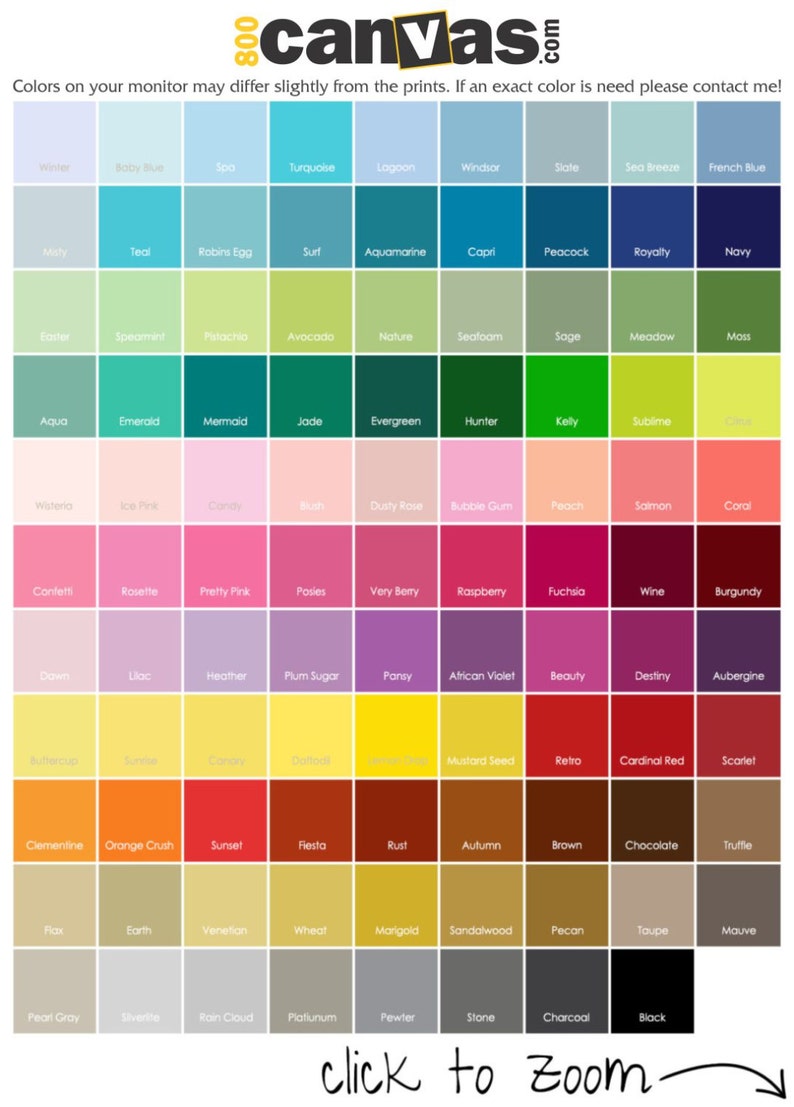 May include: A color chart with 100 different color swatches. Each swatch is labeled with a name, such as "Winter", "Baby Blue", "Spa", "Turquoise", "Lagoon", "Windsor", "Slate", "Sea Breeze", "French Blue", "Misty", "Teal", "Robins Egg", "Surf", "Aquamarine", "Capri", "Peacock", "Royalty", "Navy", "Easter", "Spearmint", "Pistachio", "Avocado", "Nature", "Seafoam", "Sage", "Meadow", "Moss", "Aqua", "Emerald", "Mermaid", "Jade", "Evergreen", "Hunter", "Kelly", "Sublime", "Wisteria", "Ice Pink", "Candy", "Peach", "Salmon", "Coral", "Confetti", "Rosette", "Pretty Pink", "Posies", "Very Berry", "Raspberry", "Fuchsia", "Wine", "Burgundy", "Dawn", "Lilac", "Heather", "Plum Sugar", "Pansy", "African Violet", "Beauty", "Destiny", "Aubergine", "Buttercup", "Sunrise", "Canary", "Daffodils", "Mustard Seed", "Retro", "Cardinal Red", "Scarlet", "Clementine", "Orange Crush", "Sunset", "Fiesta", "Rust", "Autumn", "Brown", "Chocolate", "Truffle", "Flax", "Earth", "Venetian", "Wheat", "Marigold", "Sandalwood", "Pecan", "Taupe", "Mauve", "Pearl Gray", "Silver", "Rain Cloud", "Platinum", "Pewter", "Stone", "Charcoal", "Black".