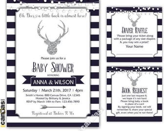 Deer Baby Shower Invitation, Baby Shower Invitations Boy, Oh Deer, A Little Buck, Navy Blue and White Stripes Invite, Digital or Printed 199