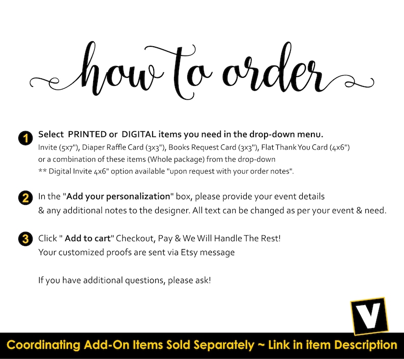 May include: An instructional graphic with the heading how to order in black script. It lists three numbered steps for purchasing printed or digital items like 5x7 inch invites, 3x3 inch cards, and 4x6 inch thank you cards, including personalization instructions.
