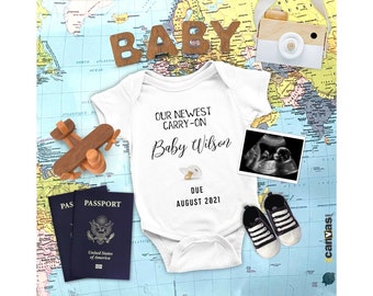 Editable Travel Pregnancy Announcement, Our Newest Carry On, Digital Social Media Reveal Template Airplane Plane Map, W/ Without Photo 46
