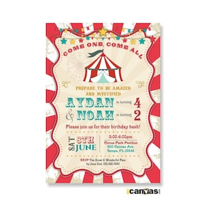 Circus Tent Birthday Invitation. Circus Birthday Invitation, Dual Twin Double Vintage Carnival Theme, 1st 2nd 3rd 4th, Printable Printed 366