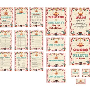 May include: A set of printable baby shower game cards with a circus theme. The cards feature a red and white striped background with a circus tent, elephants, and stars. The text on the cards includes "Welcome to Brittany's Big Top Baby Shower", "Guess the number of peanuts in the jar", "Baby Bingo", and "Price is Right".