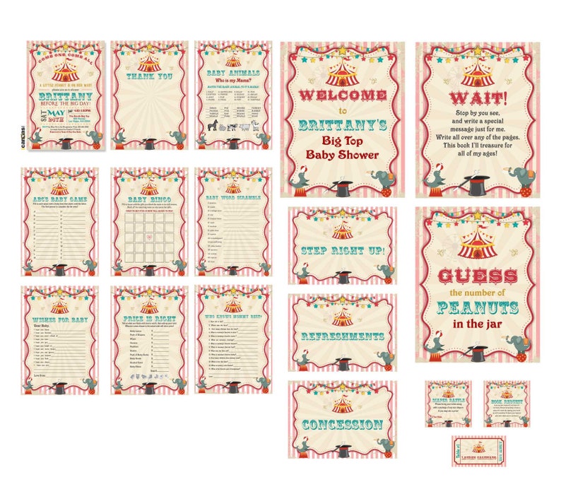 May include: A set of printable baby shower game cards with a circus theme. The cards feature a red and white striped background with a circus tent, elephants, and stars. The text on the cards includes "Welcome to Brittany's Big Top Baby Shower", "Guess the number of peanuts in the jar", "Baby Bingo", and "Price is Right".