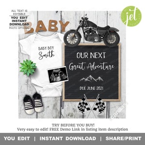 May include: A black and white chalkboard sign with the text "Our Next Great Adventure" and "Due June 2021". A black and white checkered flag is below the sign. A white onesie with the text "Baby Boy Smith" is in the image. A black and white ultrasound image is on the onesie. A motorcycle is in the background.