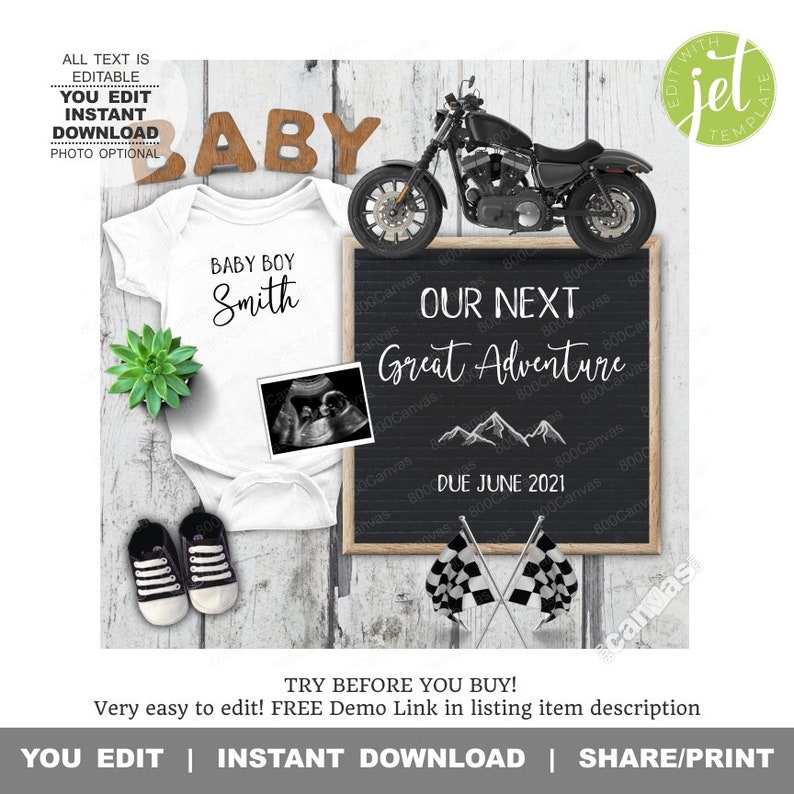 May include: A black and white chalkboard sign with the text "Our Next Great Adventure" and "Due June 2021". A black and white checkered flag is below the sign. A white onesie with the text "Baby Boy Smith" is in the image. A black and white ultrasound image is on the onesie. A motorcycle is in the background.