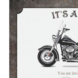 May include: It's a Boy motorcycle party invitation with a black and chrome motorcycle illustration. The text "You are invited" is written in a cursive font.