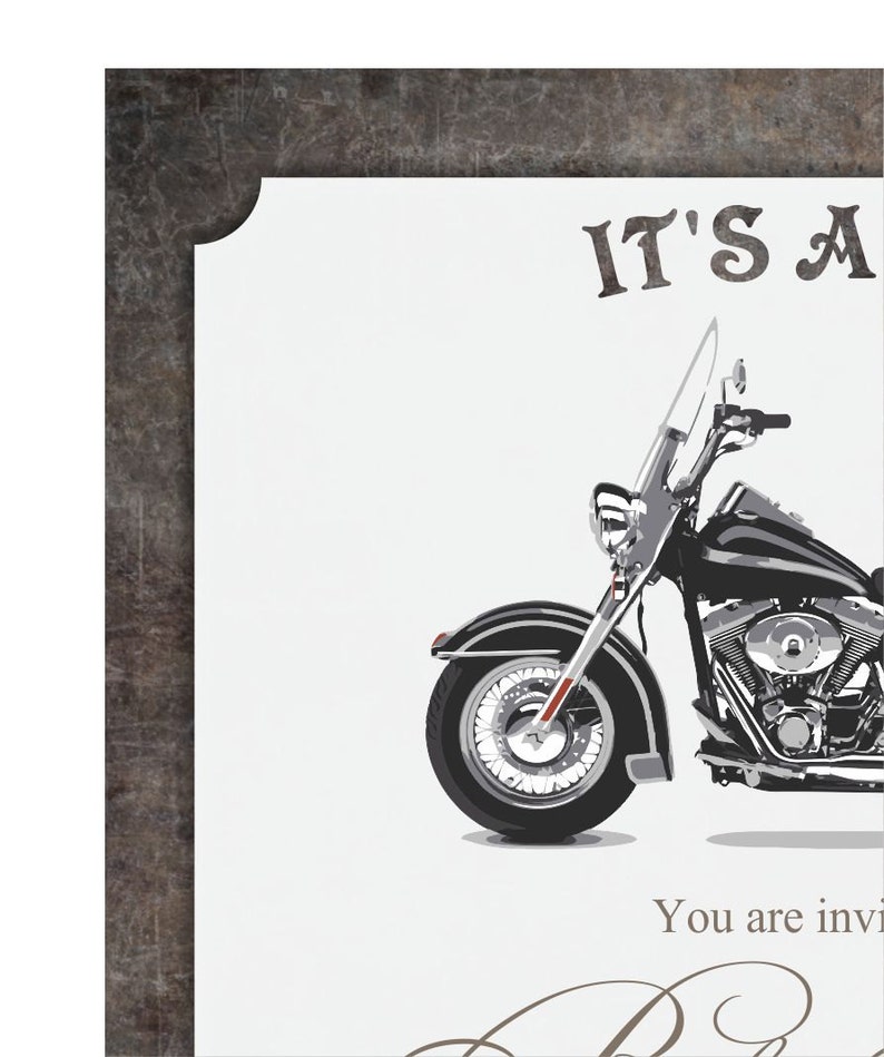 May include: It's a Boy motorcycle party invitation with a black and chrome motorcycle illustration. The text "You are invited" is written in a cursive font.