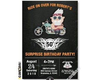 Invitación de cumpleaños de motocicleta, invitación de cumpleaños número 50 para hombres, pizarra de cumpleaños para adultos, 60 70 80 90, CUALQUIER EDAD, fiesta de motociclistas 208