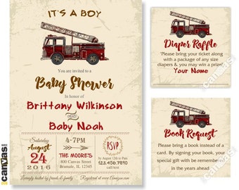 Firefighter Baby Shower Invitation, Fireman Baby Shower, Rustic Vintage Fire Truck Themed Invite, Its a Boy, Digital, Printable, Printed 229