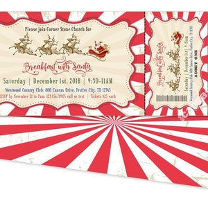 May include: Christmas-themed ticket with a red and white striped background. The ticket features Santa Claus in a sleigh pulled by reindeer, with the text "Breakfast with Santa" and event details.