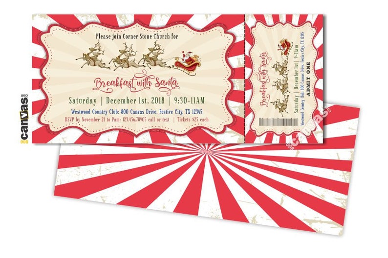 May include: Christmas-themed ticket with a red and white striped background. The ticket features Santa Claus in a sleigh pulled by reindeer, with the text "Breakfast with Santa" and event details.