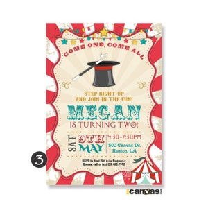 Magic Invitation, Vintage Magic Show Birthday Red Circus Tent, Magician Party, Magician Birthday, Hat Abracadabra, Printable or Printed 172