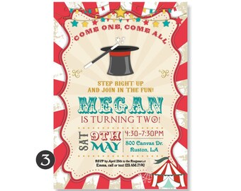 Magic Invitation, Vintage Magic Show Birthday Red Circus Tent, Magician Party, Magician Birthday, Hat Abracadabra, Printable or Printed 172