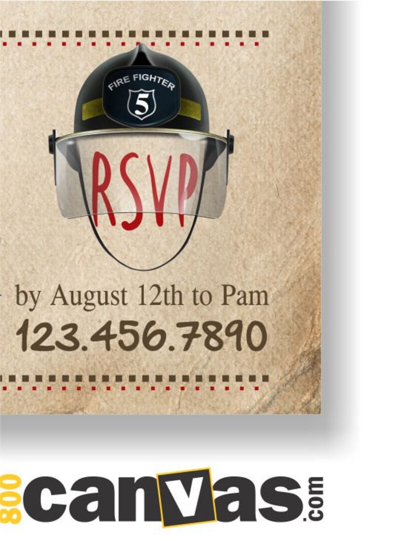 May include: Invitation with a firefighter theme. The design features a black firefighter helmet with the word "RSVP" in red. The invitation includes contact information and a deadline.