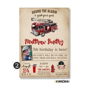 May include: A vintage-style birthday invitation with a red fire truck illustration. The text reads "Sound the Alarm & grab your gear" and "Matthew Smith's 5th birthday is here!" Includes event details and RSVP information.