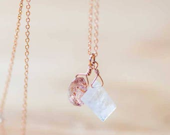 Moonstone & Sunstone Pendant on Rose Gold Filled or Sterling Silver Chain, Sunstone Necklace, Moonstone Jewelry, Delicate Everyday Layering