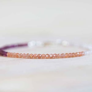 Sunstone, Rose Quartz and Garnet Bracelet, Delicate Beaded Stacking Multi Gemstone Jewelry, Rose Gold Fill or Sterling Silver, Rhodolite