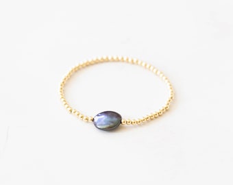 Dainty Peacock Pearl Stretch Bracelet: Sterling Silver, Yellow Rose Gold Filled Beads
