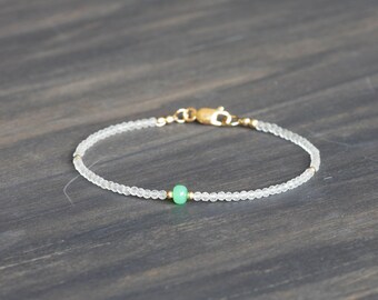 Dainty Clear Quartz Bracelet with Chrysoprase, Beaded Genuine Gemstone Jewelry
