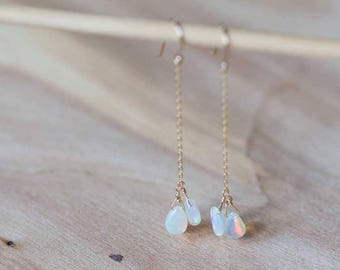 Ethopian Welo Opal Earrings on Rose Gold Filled or Sterling Silver Earwire, Long Gemstone Dangle Earrings, Delicate Welo Opal Jewelry