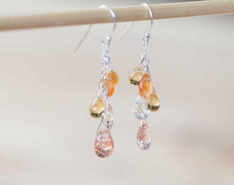 Sunstone & Citrine Dangle Earrings, Rose Gold Filled or Sterling Silver, Delicate Sunstone Jewelry, Citrine Earrings, Sunstone Earrings