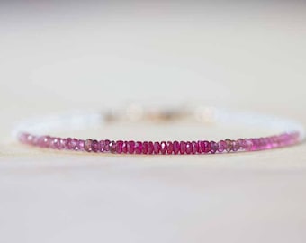 Ruby, Pink Tourmaline & Rainbow Moonstone Bracelet, Red Pink Ombre Jewelry, Genuine July Birthstone Gemstone