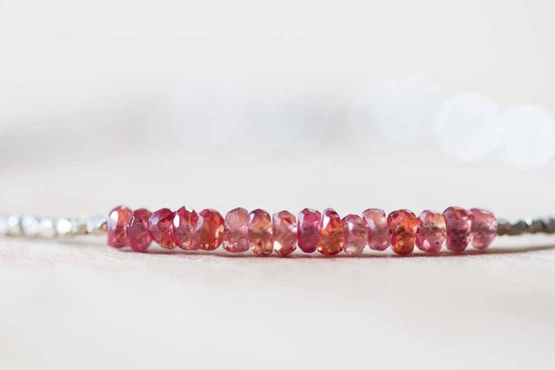 Ultra Delicate Fine Silver Bracelet with Padparadscha Sapphire, Skinny Karen Hill Tribe Beaded Stacking Bracelet, Sterling Silver Jewelry image 3