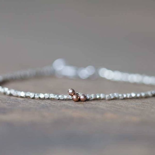 Delicate Fine Silver Bracelet with Rose Gold Vermeil, Skinny Sterling Silver Stacking Bracelet, Minimal Mixed Metal Jewelry, Everyday