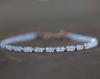 Moonstone Bracelet with Rose Gold Filled or Sterling Silver, Beaded Rainbow Moonstone Jewelry, White Gemstone Stacking, June Birthstone
