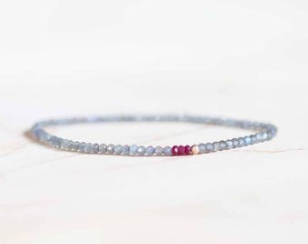 Dainty Labradorite Stretch Bracelet with Ruby: Beaded Gray Gemstone Jewelry with Sterling Silver, Yellow or Rose Gold Filled